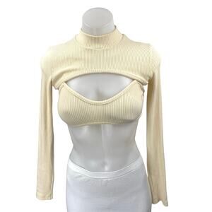 Beginning Boutique Cream Ribbed Knit Long Sleeve Cutout Sweater Crop Top Size 6